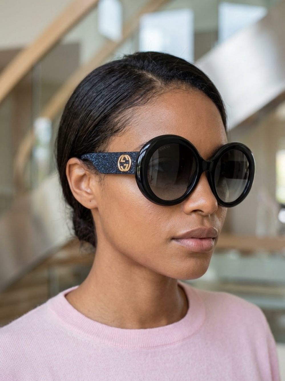 Gucci Black Round Sunglasses with Navy Glitter Temples